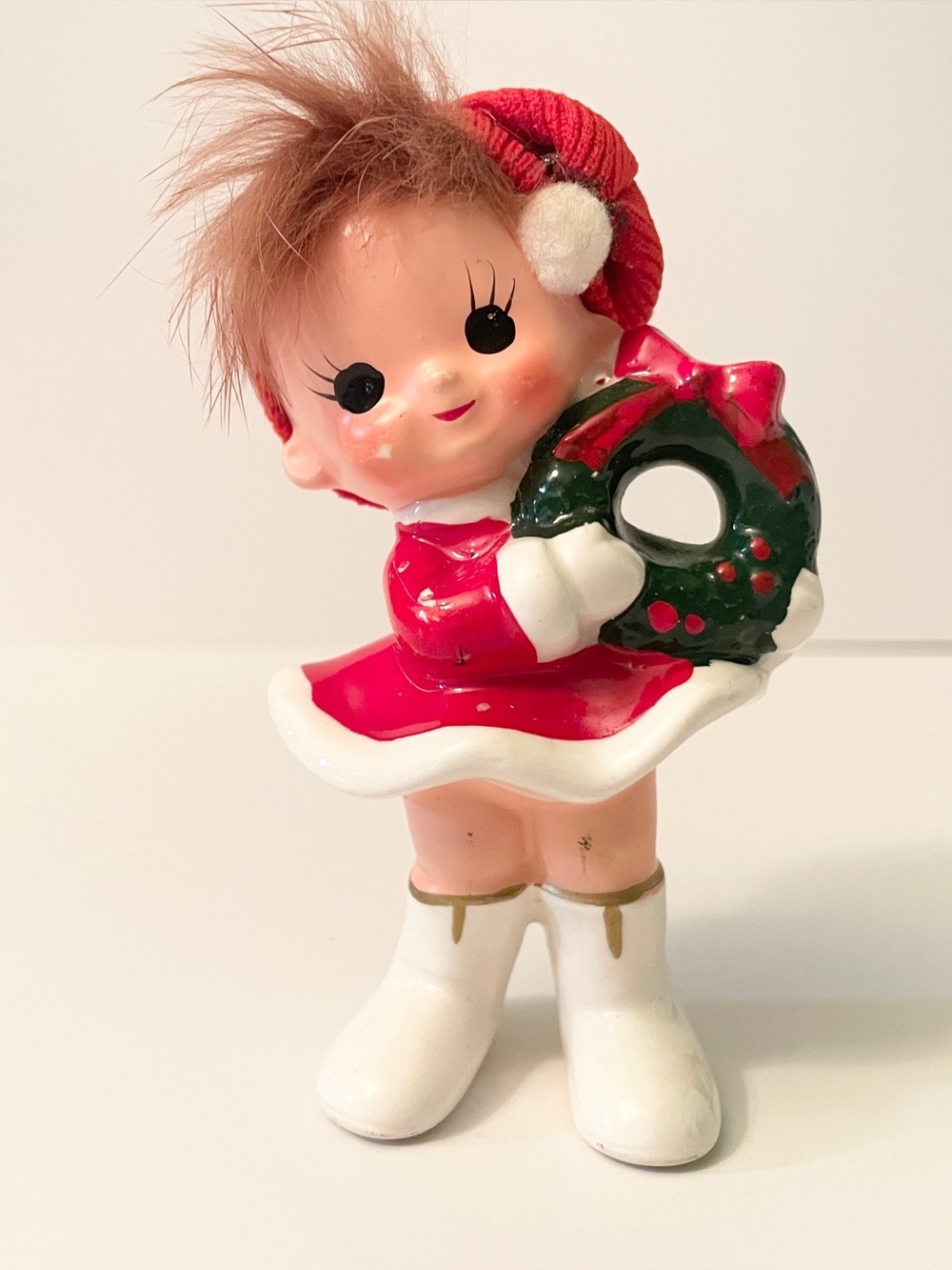 Vintage Japan Christmas Girl Figurine w/ Wreath Red Dress 4.5”